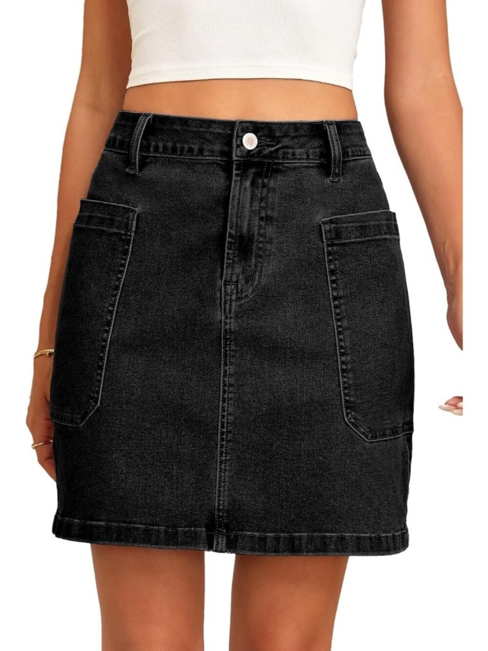 Women's Black Cargo Pocket Straight Casual Knee Length High Waisted Denim Skirt
